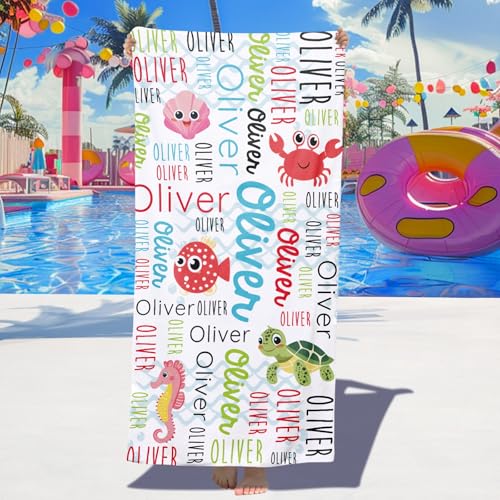 Dihope Personalised Beach Towels for Kids - Custom Beach Towels with Name - Quick Dry Soft Microfibre Swimming Towels for Kids, Customised Bath Pool Beach Towel for Boys Girls (A-Oceanlife)