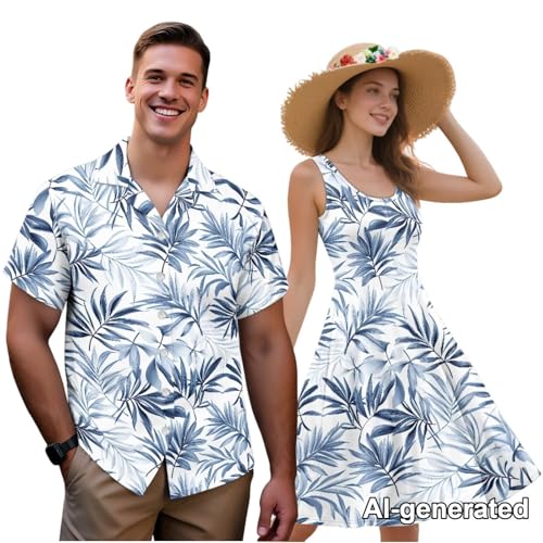 Image of Hawaii Matching Couple Outfits Husband and Wife Clothing Fashionable Mens Casual Shirts Hawaii Dress with Soft Fabric