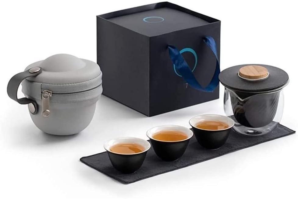 Porcelain Chinese Tea Set,Portable Travel Bowl & 3Teacups Dispensing Cup Storage Bag. for Home and Office(Black)