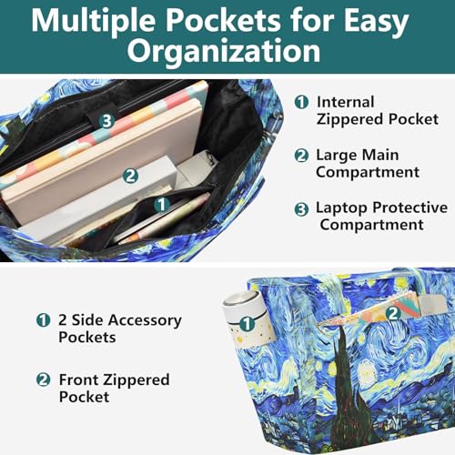 Bolso tote para mujer con estampado de noche estrellada, bolso ligero grande para hombro con cremallera, bolso de mano para trabajo y viaje miniatura 6