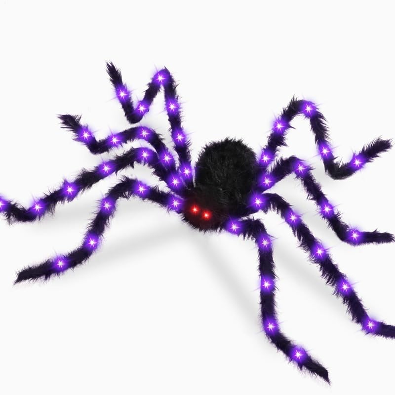 59" Halloween Giant Spider LED Purple Glow Hairy Red Eyes Bendable Decor - image 1