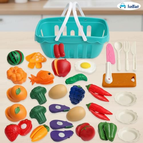 Image of FunBlast Fruits & Vegetables Play Set Toys, 26 Pcs; Realistic Sliceable Cutting Pretend Play Kitchen Toys for Kids, Play Food Toys, Fruit Vegetable Toys, Chopping Board with Knife & Basket