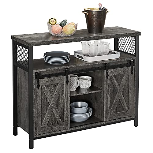 VASAGLE Aparador, Armario de Cocina, Armario de Almacenamiento, con 2 Puertas Correderas, 33 x 100 x 80 cm, Estantes Ajustables, para Salón, Gris Ahumado y Negro Tinta LSC092B04