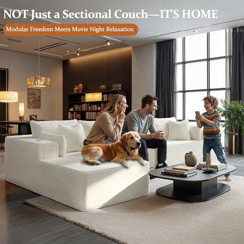 Image of 138 inch Cloud Sectional Couch, Comfort L Shaped Boneless Couch for Living Room, Extra Deep Seats No Assembly, Minimalist Modular Sofa, Corduroy (Cream, 3 Seater+Left Facing Chaise)