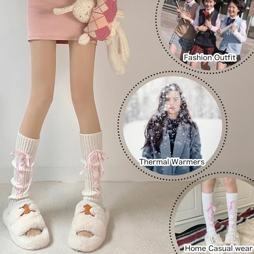 Image of Triplewood Y2K Warm Long Leg Warmers for Women White Knitted Girls Leg Warmer Socks Winter Accessory