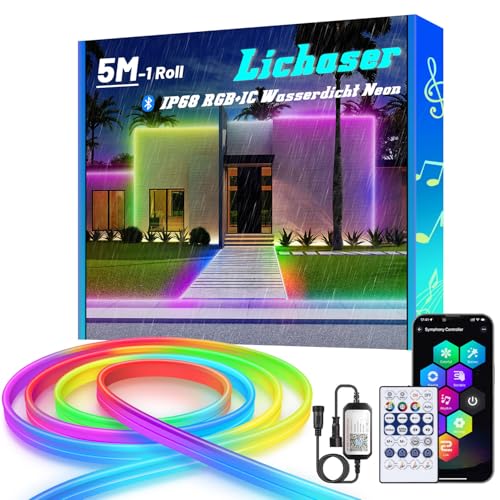 Lichaser 5M RGB+IC Striscia LED Neon, IP68 Flessibile Striscia LED da Esterno Bluetooth con Smart APP e Telecomando 2.4G, 24V Silikon Strisce Impermeabile Neon per Balcone, Festa, Festival
