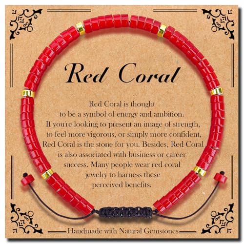 BONNY BOXX 2 * 4MM Braided Genuine Heishi Red Coral Bracelet, Elegant Handcrafted Natural Heishi Disc Gemstone Crystal Bracelet Healing Energy Inspirational Gifts with Card for Unisex