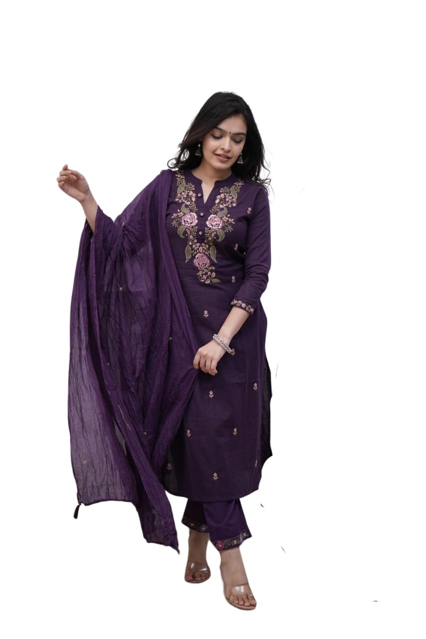 Women's Cotton Embroidery Work Straight Kurti with Pant & Mulmul Dupatta Set