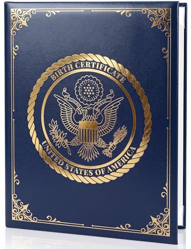 Birth Certificate Holder 8.5x11 Blue - Faux Leather Document Protector for Records Letter Size - Durable Birth Certificate Document Holder Sleeve - Protective Keepsake Folder with Gold Foil Cover