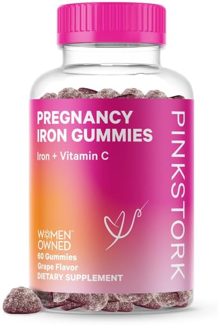 Pink Stork Prenatal Iron Supplement for Women, Grape Chewable Iron Gummies with Vitamin C, Pregnancy Must Haves, Prenatal Vitamins for Iron Deficiency, 60 Gummy Chews