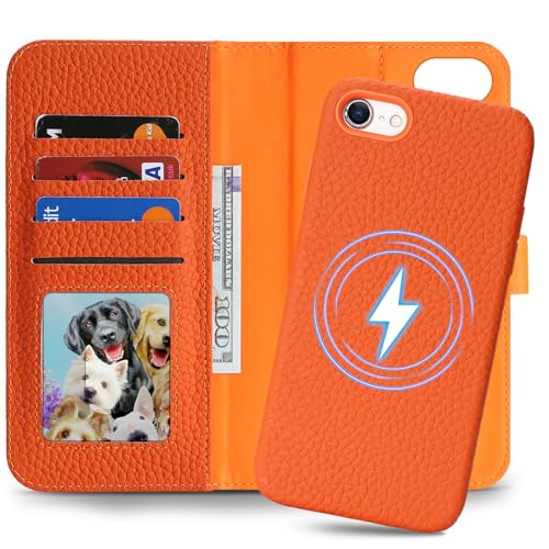 Image of Detachable Genuine Leather Case for iPhone SE 2020 / SE 2022 /7 /8 Wallet Case Magnetic 2in1 Removable Flip Cover Book Purse Compatible with Magsafe Charging Kickstand Card Holder-Orange