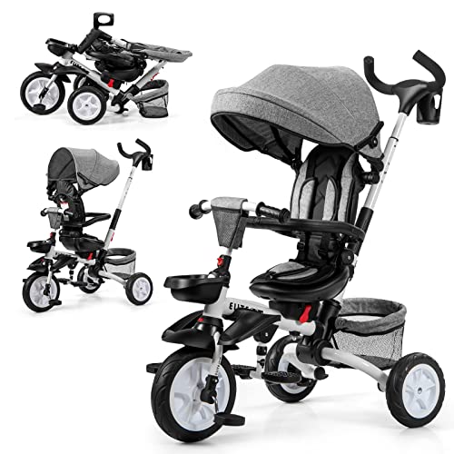 Affordable HONEY JOY Tricycle, 7 in 1 Folding Steer Baby Trike w/Adjustable Handle & Canopy, Rotatab...