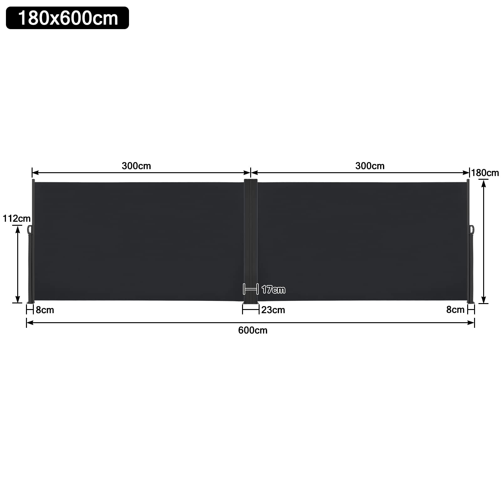 YRHome Podwójna markiza boczna, wysuwana, 180 x 600 cm, ochrona przed wzrokiem, nieprzejrzysta, ochrona przed wiatrem, ochrona przed wzrokiem ogrodu, na balkon, do ogrodu, na taras, roleta boczna, antracytowa