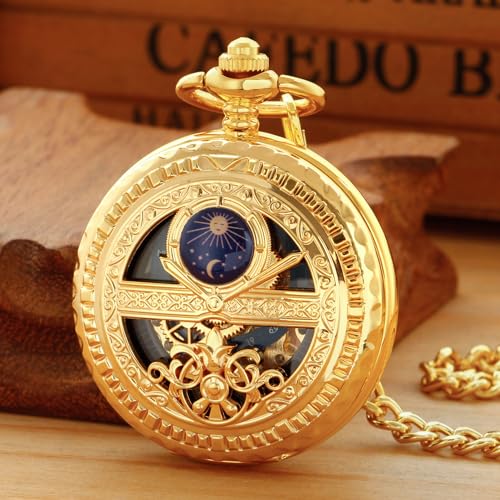 Image of Black and Silver Roman Numeral Dial Mens Mechanical Moon Phase Design, Moon Sun Pattern Skeleton Mechanical Pocket Watches for Men with Case and Chain - Black
