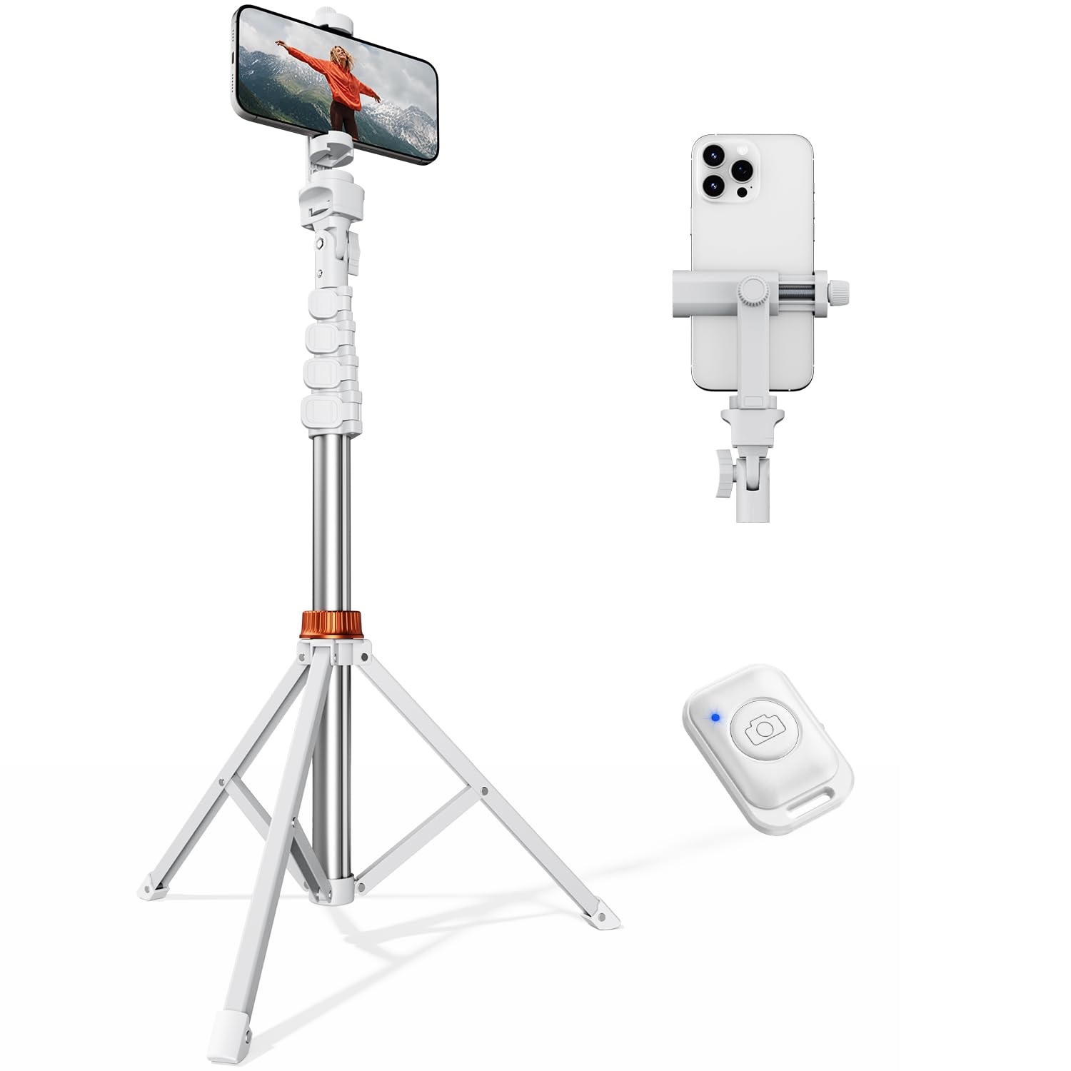 VIMOSE 66" Phone Tripod, Tripod for iPhone with Remote & Phone Stand | Extendable Cell Phone Tripod for Video Recording, Ultimate Tripod & Monopod Accessories for iPhone/Android, Monza White