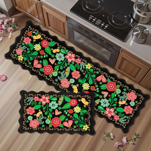 Scalloped Black Kitchen Mats for Floor 2PC Cushioned Anti Fatigue Kitchen Mats Rugs Waterproof Non Slip Boho Floral Comfort Foam Standing Mat for Sink Laundry,17.3x30+17.3x59 Floral- Black 1