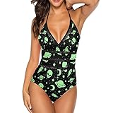 INRAINE Women's One Piece Swimsuits Green Alien Spaceship Space Planets Stars on Black Bathing Suits