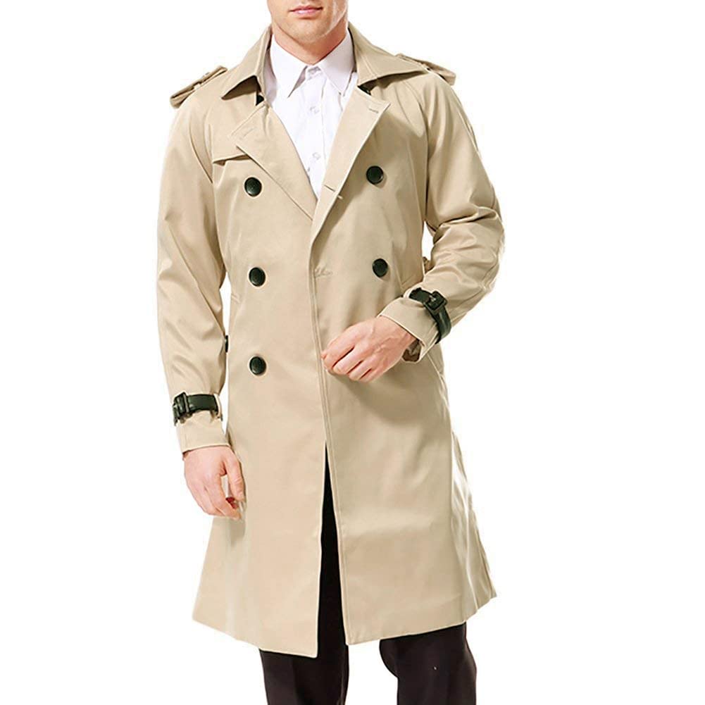 Herren Zweireihiger Trenchcoat mit Gürtel Revers Lang Mantel Business Jacke Frühling Übergangsjacke