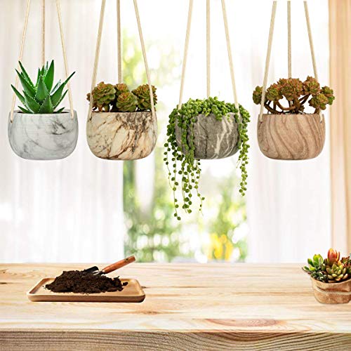 Mecai 5 Inch Hanging Mini Flower Planter Pot Ceramic Macrame Plant Holder Cute Trailing Succulent Planters Cactus Pot With Cotton Rope Hanger For Indoor Outdoor Decor (Grey White) #TOP5