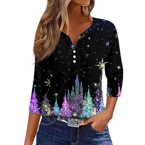 Image of Women Christmas Shirt 3 /4 Length Sleeve Henley Tops Xmas Outfits