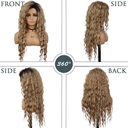 Image of GNIMEGIL Natural Ombre Light Brown Curly Wig Long Wavy Wigs for Women Wave Hair Free Part Synthetic Daily Party Cosplay Costume Halloween Wig