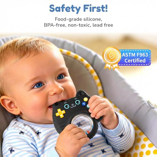 Image of Baby Teether Toy Silicone Cat Teething Ring -Game Controller, Baby Rattle Toy Chew Sensory Toys for Babies Over 3 Months, Teething Relief for Newborn Infant Essentials 0-6 6-12 Months, BPA Free -Black