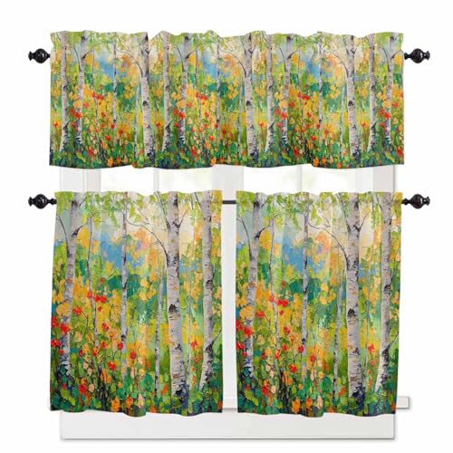 Green Oil Painting Kitchen Curtains 36 Inch Length,3 Piece Rod Pocket Small Half Tiers and Valance Set,Modern Abstract Art Summer Botanical Small Large Window Treatment Decor for Bedroom/Bathroom