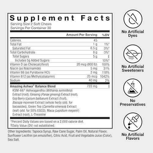 Image of Force Factor Amazing Ashwa, Ashwagandha Supplement for Stress Relief | Memory, Focus, and Immune Support with KSM-66 Ashwagandha for Stress, Triple Berry, 180 Soft Chews, 3-Pack