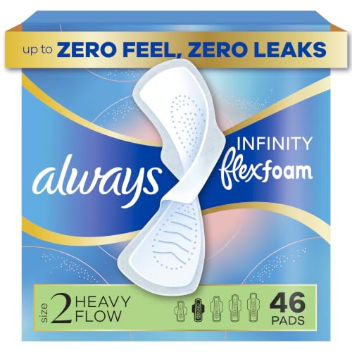 Always Infinity Feminine Pads for Women, Flexfoam Pads with Wings, Size 2, Heavy Absorbency, Unscented, 46 Count