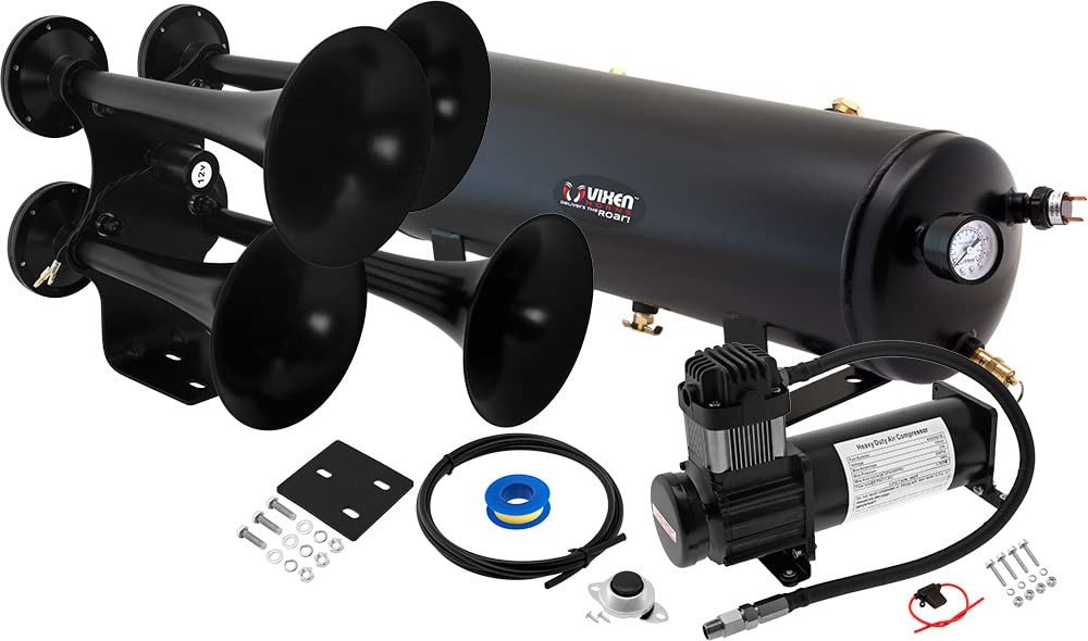 Vixen Horns Train Horn Kit for Trucks/Car/Semi. Complete Onboard System- 200psi Air Compressor, 3 Gallon Tank, 4 Trumpets. Super Loud dB. Fits Vehicles like Pickup/Jeep/RV/SUV 12v VXO8330B/4318B