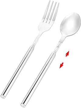 Telescopic Fork Spoon, Extendable Extension Stainless Steel Long Fork and Spoon Set Extender Telescopic Tableware Extends to 25.2 In for BBQ and Fruit