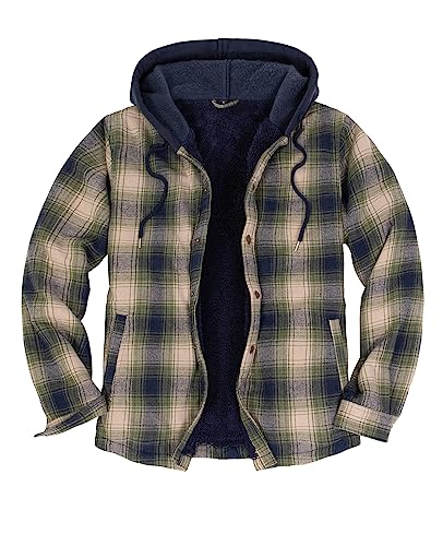 ZENTHACE Men's Sherpa Lined Flannel Shirt Jacket,Snap Button Down Winter Plaid Shacket with Hood