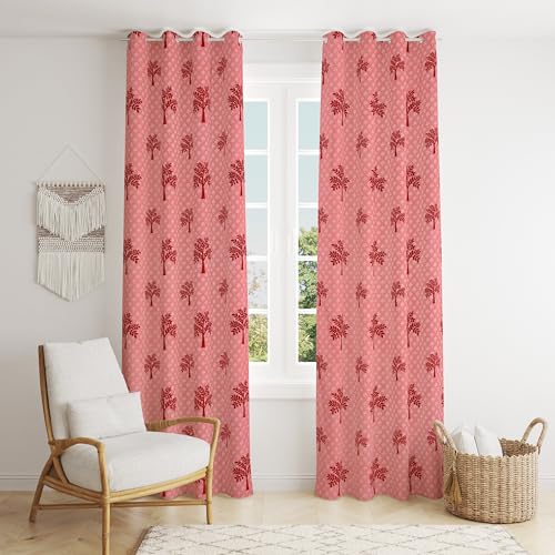 Image of Printed Tree 2 Piece Polyester Home & Living Room Eyelet Window Curtain - 5 Feet, Maroon Red