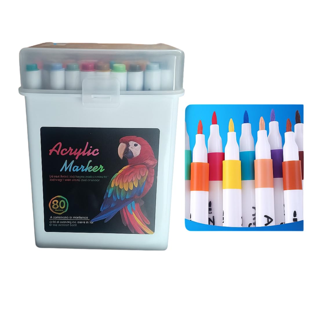 Krujyam Acrylic Paint Marker Pens Set – 80 Color Pack with Medium Tip Markers for Drawing and Craft on Rock, Glass, Wood, Plastic, Metal, Fabric, Canvas, Mug and Stone Surfaces (Box Markerpen 80)