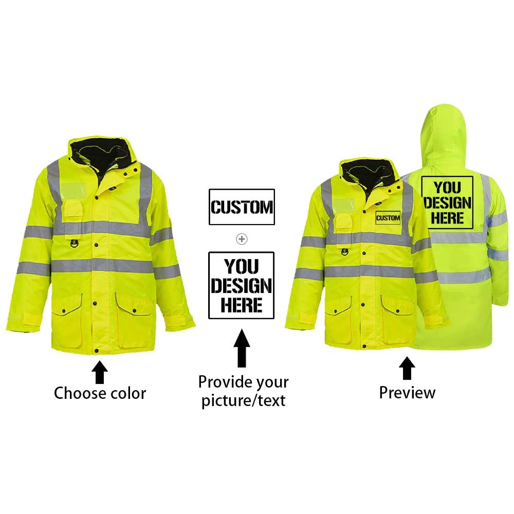 Chaqueta de alta visibilidad personalizada para hombre, certificado EN ISO 20471, impermeable, reflectante, ropa de trabajo de seguridad con forro desmontable, color amarillo y naranja, añade