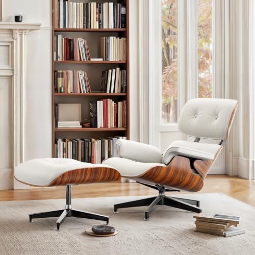 Image of Top White PU Leather, Mid Century Chaise Lounge Chair and Ottoman, Modern Chair Classic Design, Palisander Wood, Heavy Duty Base Support for Living Room Office
