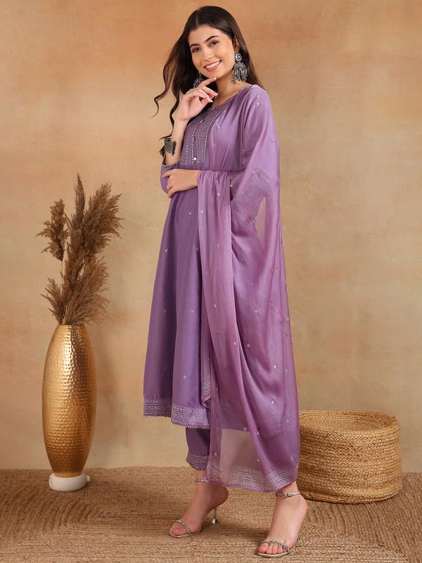 Image of Vaamsi Women's Silk Blend Solid Anarkali Kurta Pant With Dupatta