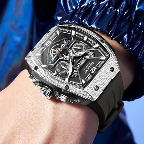 Image of OLEVS GELATU Watch for Men Mechanical Luxury Diamond Watch Skeleton Automatic 50M Waterproof Sapphire Crystal Square Face Multi Calendar Function