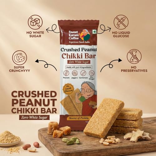 Image of Sweet Karam Coffee Crushed Peanut Chikki Bar - 20 g | No White Sugar or Preservatives | Jaggery Sweetened | Protein & Fiber Rich Gajak | Healthy Indian mithai Snack