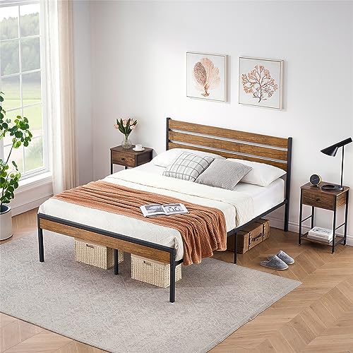 IDEALHOUSE Full Size Bed Frame with Rustic Vintage Wood Headboard, Mattress Foundation, Strong Metal Slats Platform Support, Under Bed Storage, Noise-Free, No Box Spring Needed - Image 5