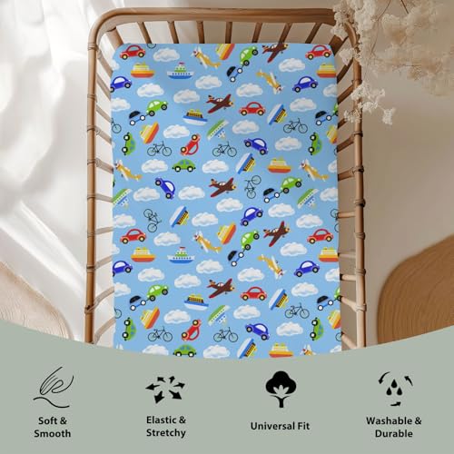 Image of Planes Automobiles Transport Baby Crib Sheets for Boy Girl 28 inchx52 inch Airplanes Boats Bike Car Clouds Blue Soft Stretchy Fitted Crib Mattress Cover Travel Baby Sheet for Standard Crib & Toddler Mattress