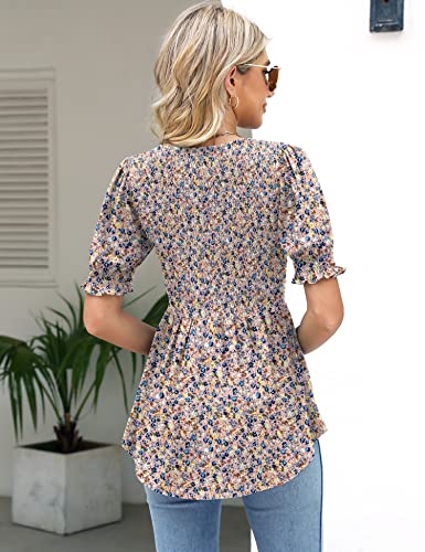 Akewei Women Smocked Tops Short Puff Sleeve Peplum Tops Round Neck Dressy Blouses Women Summer Babydoll Flowy Shirts Pink Floral S #TOP3