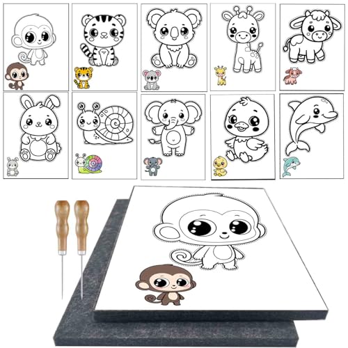 AuFiiy Prickeln Prickelset für Kinder 10 Tier-Motive 2x 9mm Prickelunterlagen (15x20cm) 2 Prickelnadeln Kreatives Basteln ab 4 Jahren