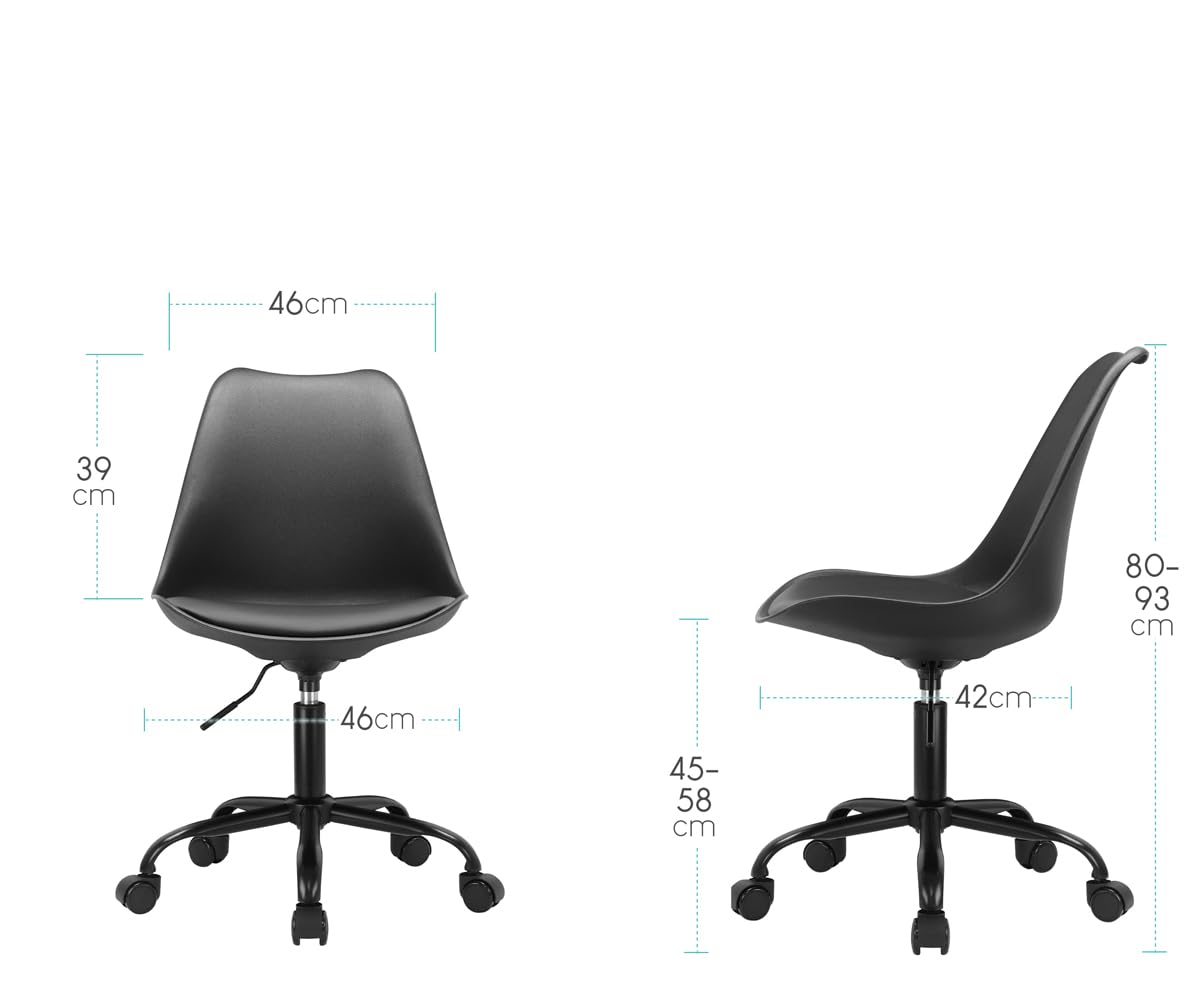 Waytex Lot de 4 Chaises de Bureau Style Scandinaves à roulettes avec Hauteur réglable, Coussin d'assise intégré - Noir