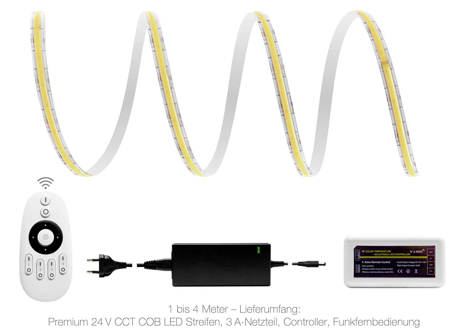 LED Universum Juego de tiras LED COB CCT blanco dual, juego de 4 zonas con mando a distancia, controlador y fuente de alimentación, filamentos premium, 24 V, IP65, blanco dual (2 metros)
