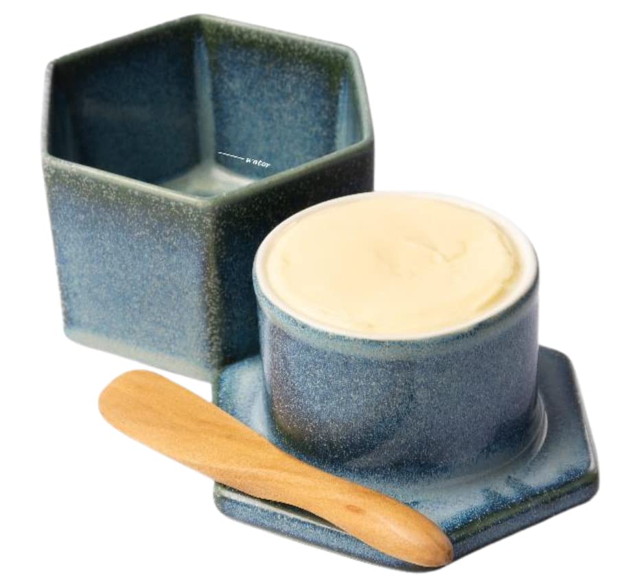 Buy French Butter Crock w/Lid & Wood Spreading Blue Butter Keeper for
