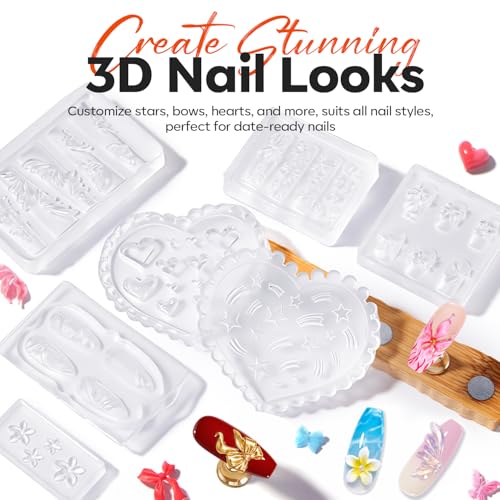 Image of modelones Silicone Nail Art Molds, 7PCS 3D Flowers Nail Charm Molds with Carving Pen Clear Modeling Templates Hibiscus Flowers Lace Bow Star Heart Blossom Design Mold for Resin Epoxy Professional
