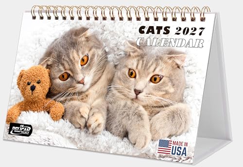 2027-12 Months Desk Calendar Desktop Planner with To-Do List & Notes - Stand Up Calendar for Home Office School - Made in USA (Cats)