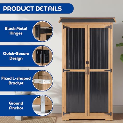Image of Outdoor Storage Cabinet Weather-Resistant, Wood & Metal Storage Shed with 3 Removable Shelves, Waterproof Roof, Adjustable Feet, Patio Storage Cabinet Outside for Garden Garage Backyard Pool