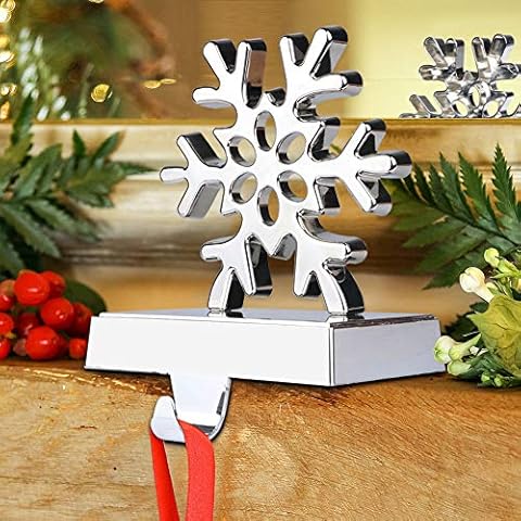 Hooqict 2 Pack 3D Snowflake Christmas Stocking Hanger Silver Christmas Metal Mantel Stocking Holders for Christmas Decorations Xmas Mantel Décor Cover